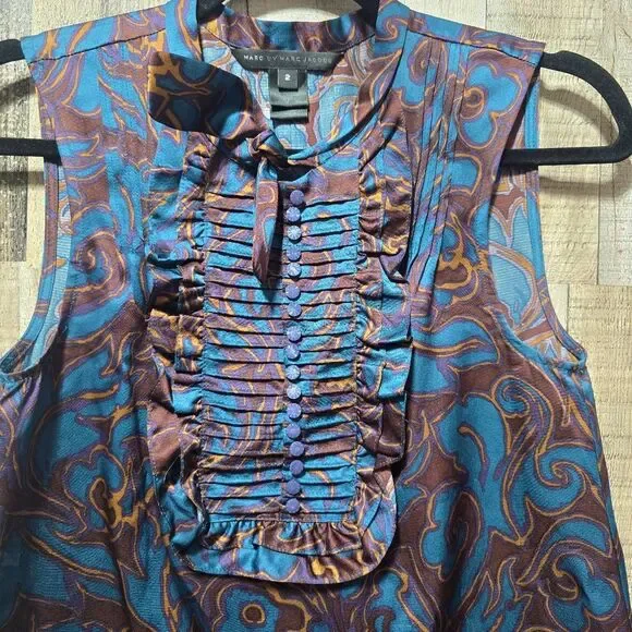 Marc by Marc Jacobs Deep Teal Paisley Pleated Silk Blouse 2 Office Designer - Picture 2 of 5